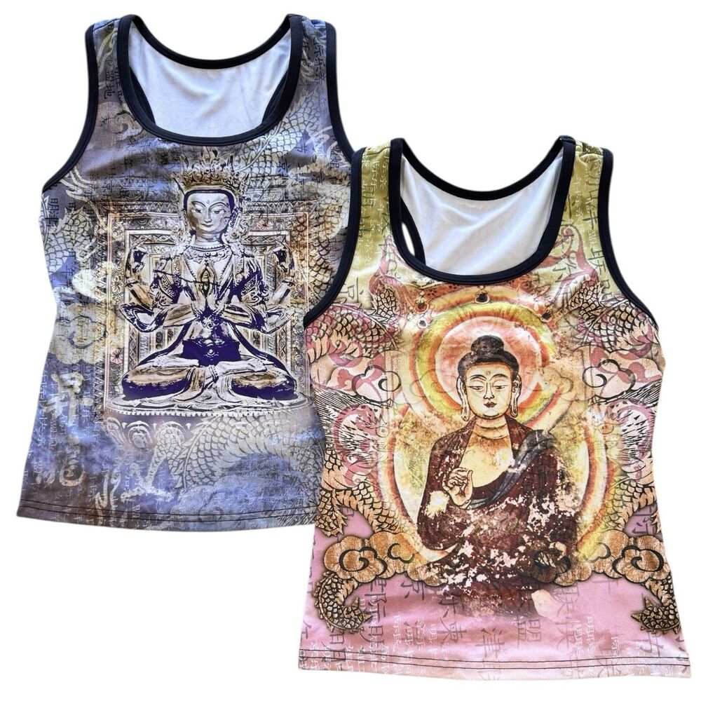 KOS USA Tank Bundle X2 Tops Built In Bra Tibet Nepal Buddha Shiva Goa Small New
